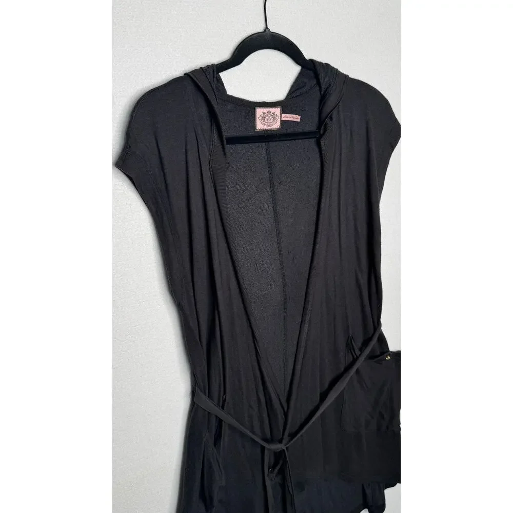 Late 2000s Y2K Juicy Couture Black Terry Hooded Cardigan Petite XS